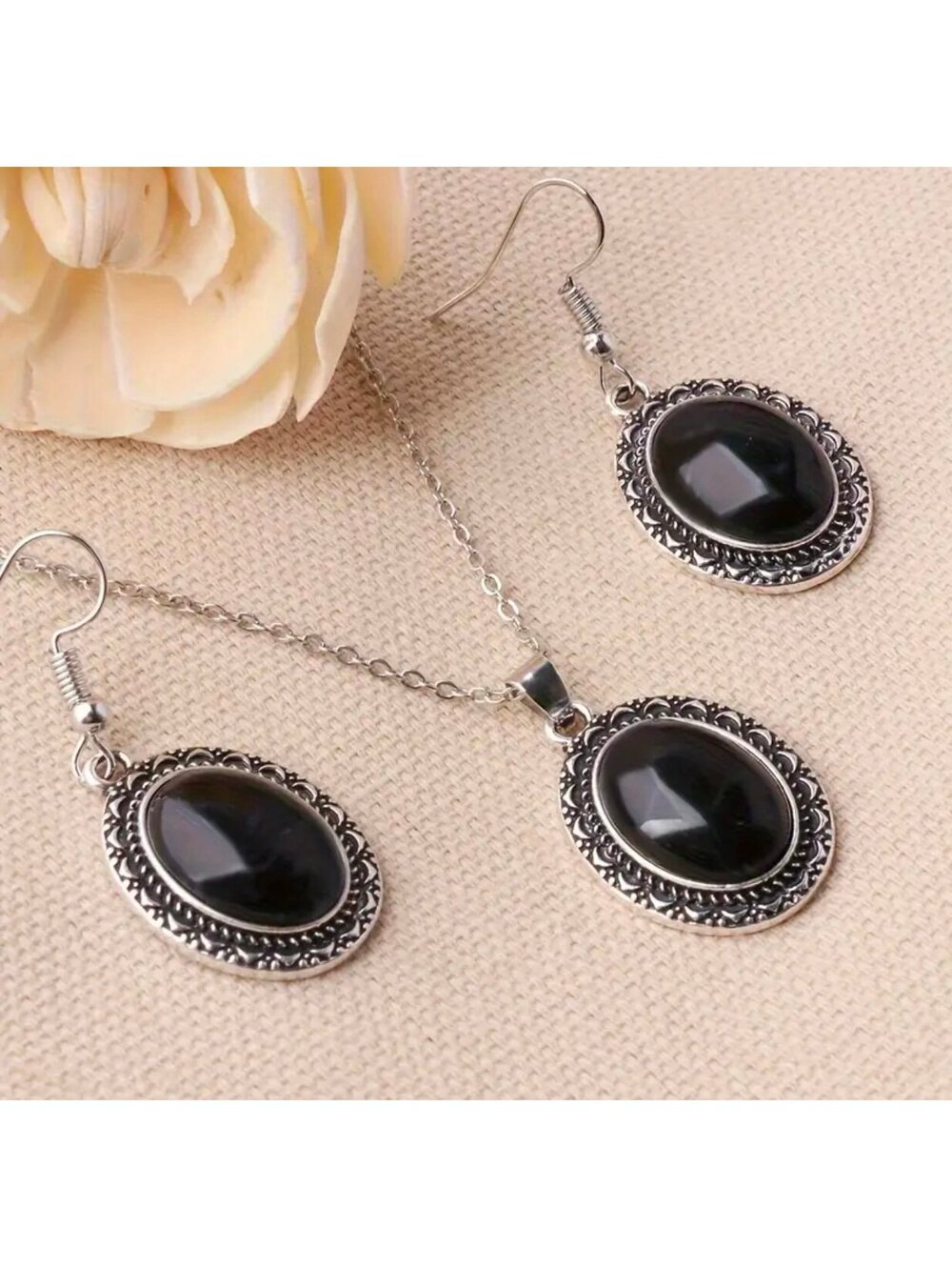New - Vintage Inspired Silver Jewelry Set Embellished w/Black Mosaic Stone